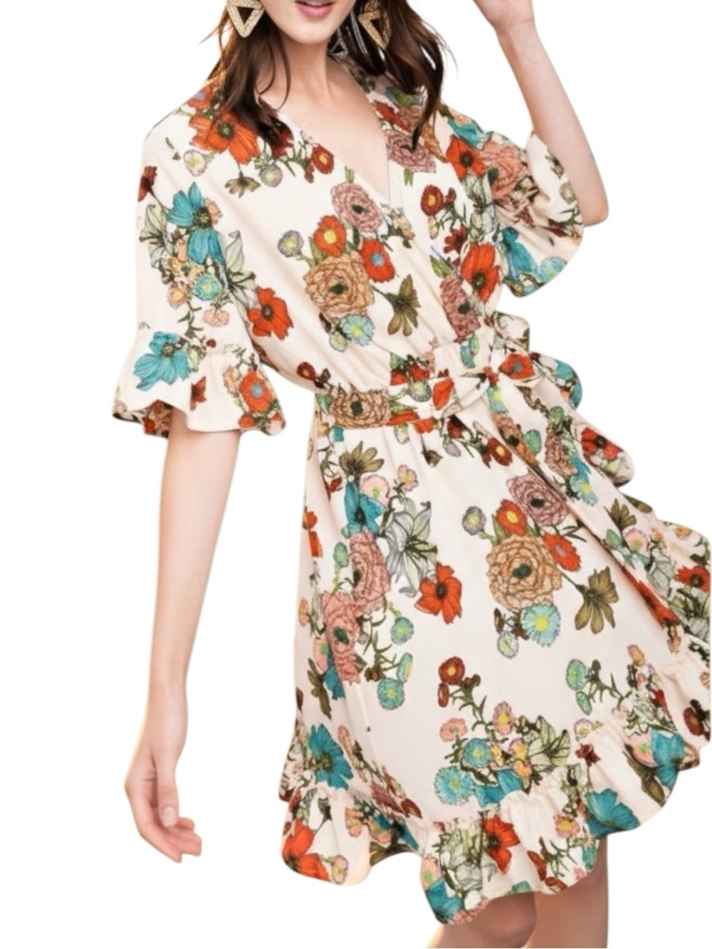 NEW Vintage Floral Print Cream Mock Wrap Ruffle Dress Sash Waist Women Small - Picture 4 of 8